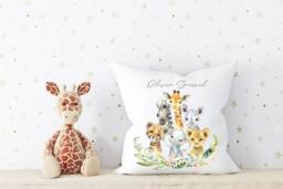Jungle Animals Nursery Cushion , Safari Personalised Baby Decor Theme Elephant Giraffe Zebra - thumbnail 1