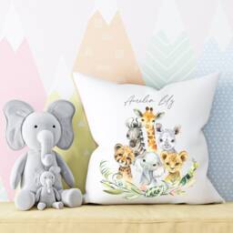 Jungle Animals Nursery Cushion , Safari Personalised Baby Decor Theme Elephant Giraffe Zebra - thumbnail 3