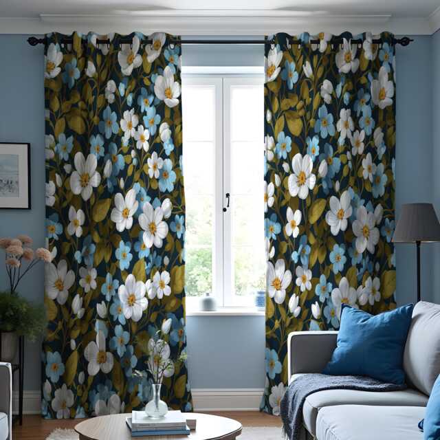 Dark Floral Curtains With White & Blue Flowers, Custom Botanical Drapes, Farmhouse Window Panels For Living Room Or Bedroom - image 1