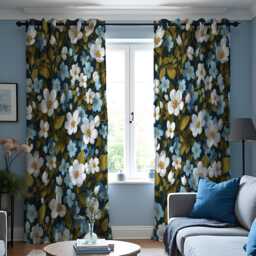 Dark Floral Curtains With White & Blue Flowers, Custom Botanical Drapes, Farmhouse Window Panels For Living Room Or Bedroom - thumbnail 1