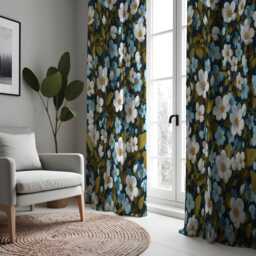 Dark Floral Curtains With White & Blue Flowers, Custom Botanical Drapes, Farmhouse Window Panels For Living Room Or Bedroom - thumbnail 4