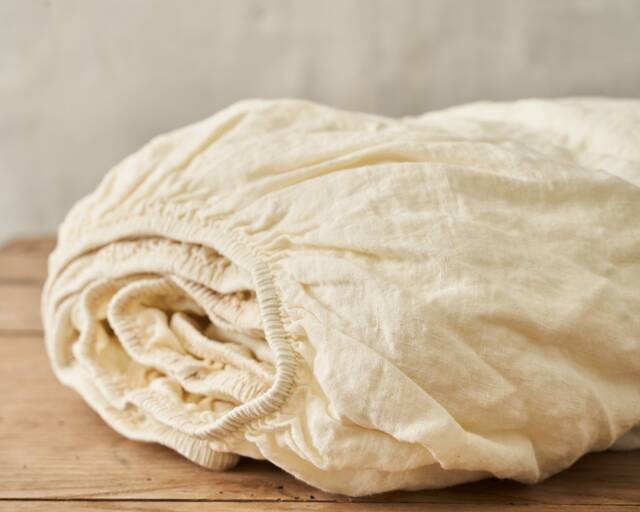 Softened Linen Fitted Sheet Wrinkled Texture, Natural Bedding - image 1