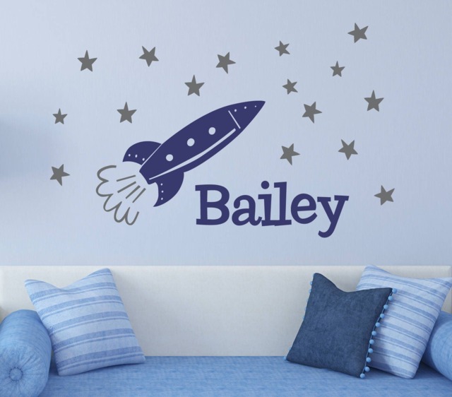 Space Wall Decal, Rocket Name Large, More Font Color Choices, Decal Nursery, Stickers, Personalized Stars Spaceship C103 - image 1