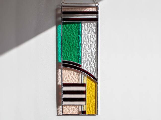 Pink & Green Stained Glass Panel, Wall Hanging, Modern Window Decor, Geometric Design - image 1