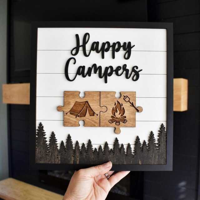 Rustic Camping Sign Happy Campers Wood Art Gift For Outdoor Lovers Forest Tree Wall Decor Cabin Signage Custom Wooden Layered Piece - image 1