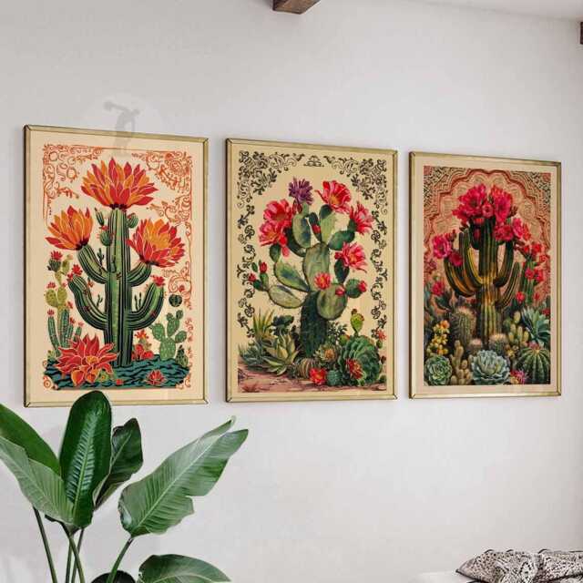 Set Of 3 Mexican Posters, Cactus Wall Art, Botanical Prints, Floral Traditional Gift - image 1