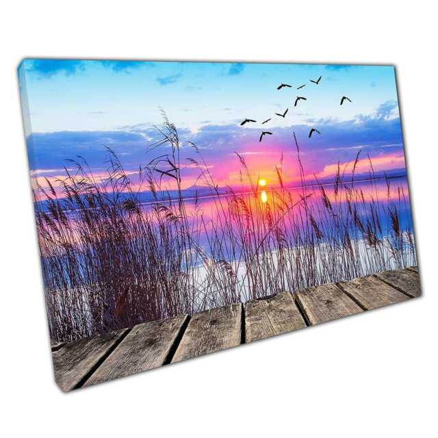 Tranquil Lake Sunset Wall Art Canvas Print - Wooden Path Flying Birds Home Office Decor - image 1