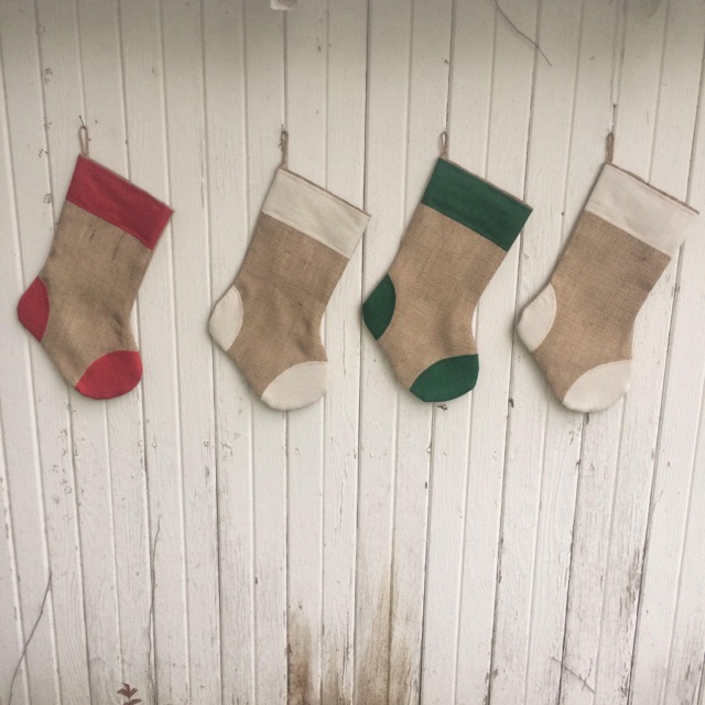 Burlap Christmas Stockings With Cuff & Patches Detail - Off-White/Green/Red Cotton - Natural Burlap - Rustic-Cabin-Woodland-Holiday Decor - image 1
