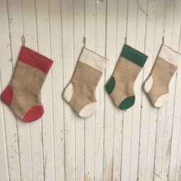 Burlap Christmas Stockings With Cuff & Patches Detail - Off-White/Green/Red Cotton - Natural Burlap - Rustic-Cabin-Woodland-Holiday Decor - thumbnail 2
