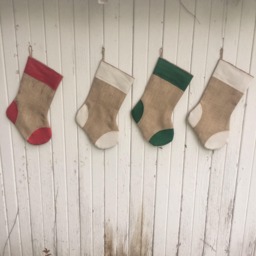 Burlap Christmas Stockings With Cuff & Patches Detail - Off-White/Green/Red Cotton - Natural Burlap - Rustic-Cabin-Woodland-Holiday Decor - thumbnail 1