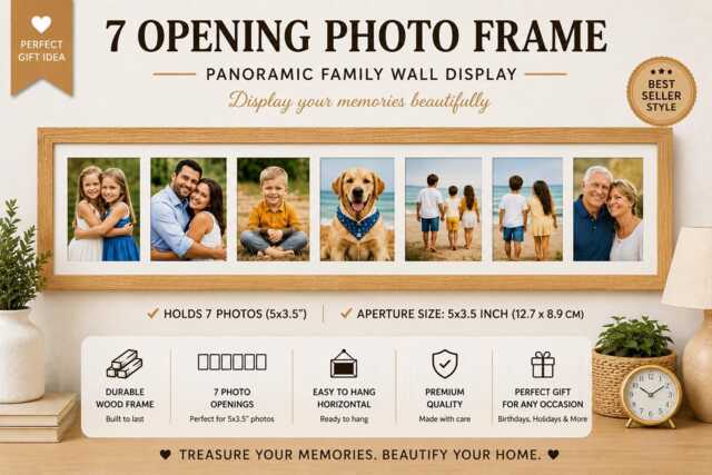 Multi Photo Picture Frame Oak Colour With Ivory Mount Paper, Holds 7 - 5x3.5'' Photos - image 1