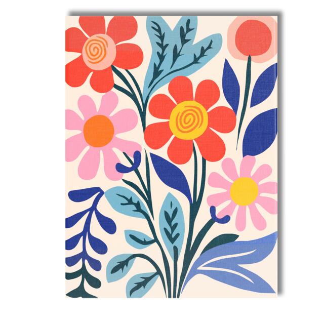 Colourful Folk Art Wildflower Bouquet With Decorative Leaves Canvas Wall Print Decor Picture Ready To Hang - image 1