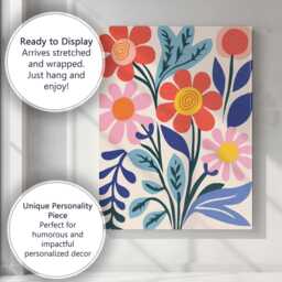 Colourful Folk Art Wildflower Bouquet With Decorative Leaves Canvas Wall Print Decor Picture Ready To Hang - thumbnail 3