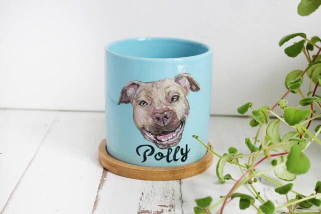 Custom Pet Portrait Planter, Realistic Hand Painted Pet Painting, Cat Dog Succulent Planter With Drainage Hole & Bamboo Tray Sauser - image 1