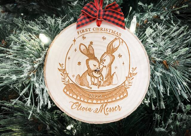 Personalized Baby's First Christmas Wood Slice Ornament, Woodland Rabbit Family Keepsake - image 1