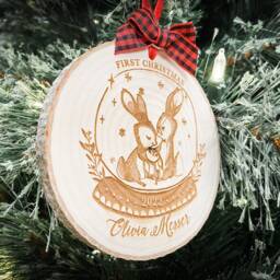 Personalized Baby's First Christmas Wood Slice Ornament, Woodland Rabbit Family Keepsake - thumbnail 2