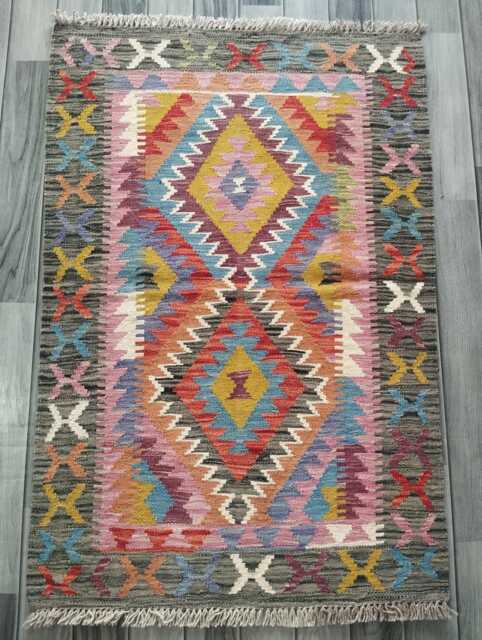 Kilim Rug Multicolour, Handmade Artisan Afghan Turkish Persian Rug, Navajo Moroccan Bohemian Flatweave, Natural Wool Dhurrie 117x82 cm - image 1