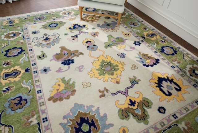 Hand Woven Wool Oushak Rug, Cream Ivory, Green Border, Floral Fine Woolcarpet Ar_3835 - image 1