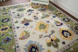Hand Woven Wool Oushak Rug, Cream Ivory, Green Border, Floral Fine Woolcarpet Ar_3835 - thumbnail 1