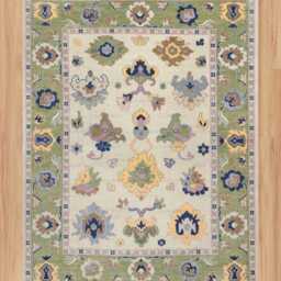Hand Woven Wool Oushak Rug, Cream Ivory, Green Border, Floral Fine Woolcarpet Ar_3835 - thumbnail 2