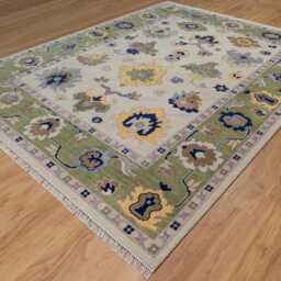 Hand Woven Wool Oushak Rug, Cream Ivory, Green Border, Floral Fine Woolcarpet Ar_3835 - thumbnail 3