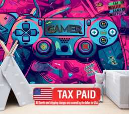 Gamer Controller Wallpaper Mural, Kids Gaming Room Decor, Peel & Stick - thumbnail 1