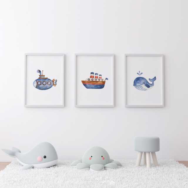 Nautical Nursery Prints Sea Theme, Boat, Whale - Set Of 3 - image 1