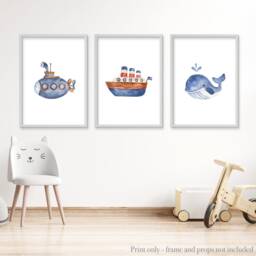 Nautical Nursery Prints Sea Theme, Boat, Whale - Set Of 3 - thumbnail 3