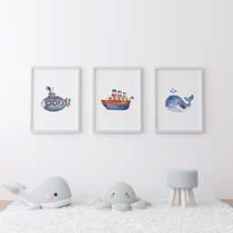 Nautical Nursery Prints Sea Theme, Boat, Whale - Set Of 3 - thumbnail 1