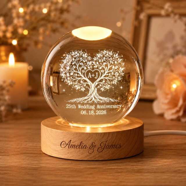 Personalized Wedding Anniversary Gift, Custom Heart Tree Of Life Crystal Ball Night Light, Silver Gift For Parent Wife, Mr & Mrs - image 1