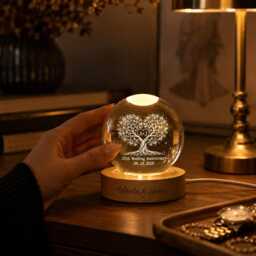 Personalized Wedding Anniversary Gift, Custom Heart Tree Of Life Crystal Ball Night Light, Silver Gift For Parent Wife, Mr & Mrs - thumbnail 2