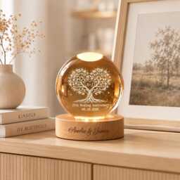 Personalized Wedding Anniversary Gift, Custom Heart Tree Of Life Crystal Ball Night Light, Silver Gift For Parent Wife, Mr & Mrs - thumbnail 3