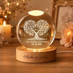 Personalized Wedding Anniversary Gift, Custom Heart Tree Of Life Crystal Ball Night Light, Silver Gift For Parent Wife, Mr & Mrs - thumbnail 1