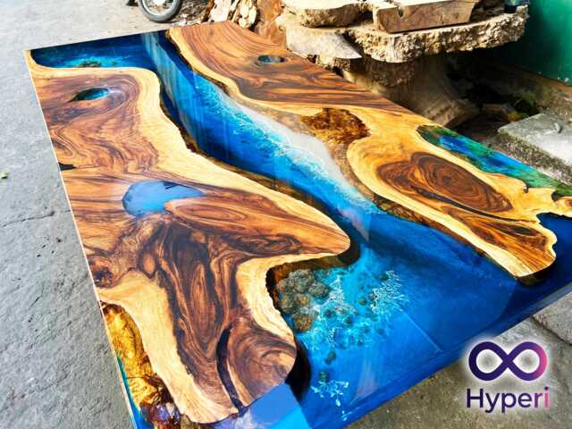 Personalized Live Edge Resin Dining Table Blue Ocean Epoxy, Reclaimed Wood - image 1