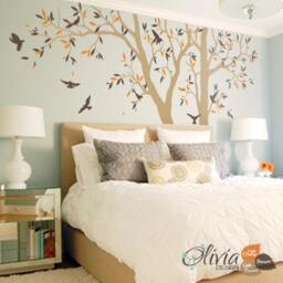 Set Of 2 Large Tree Vinyl Decals, Wall Decor Tree Mural, Leaves & Birds Stickers - Nt021