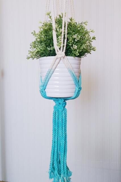 Macrame Plant Hanger, Dip-Dye, Ombre Holder, Aquamarine No Tariffs/Fees To Usa - image 1