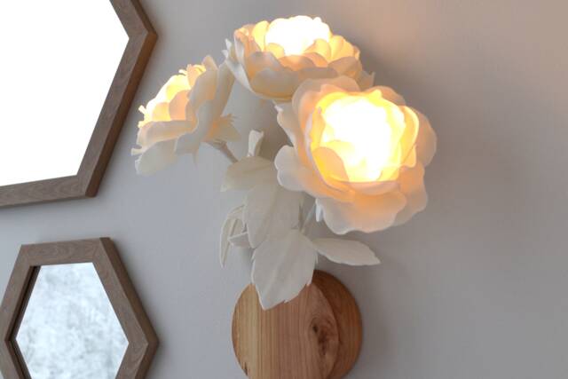 Floral Plug in Wall Sconce Rustic White Roses Flower Bedside Lamp With Cord Farmhouse Light Wooden Base - image 1