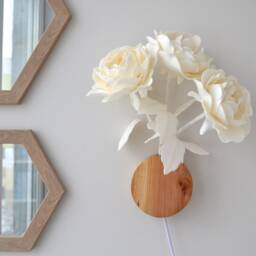 Floral Plug in Wall Sconce Rustic White Roses Flower Bedside Lamp With Cord Farmhouse Light Wooden Base - thumbnail 3