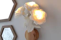 Floral Plug in Wall Sconce Rustic White Roses Flower Bedside Lamp With Cord Farmhouse Light Wooden Base - thumbnail 1