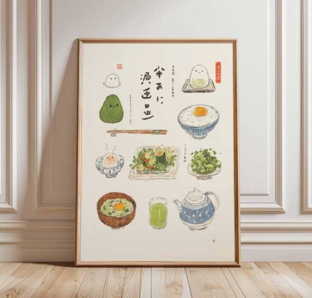 Japanese Kawaii Breakfast Poster, Cute Anime Food Art Print, Rice Egg & Matcha Wall Decor, Whimsical Kitchen Illustration - image 1