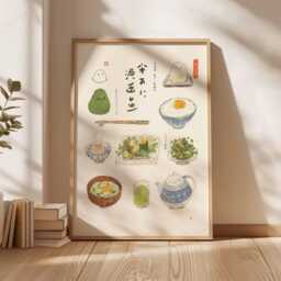 Japanese Kawaii Breakfast Poster, Cute Anime Food Art Print, Rice Egg & Matcha Wall Decor, Whimsical Kitchen Illustration - thumbnail 3