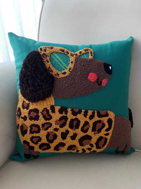 Embroidered Dog Throw Pillow Leopard Print Sunglasses, Green Cushion - image 1