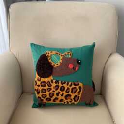 Embroidered Dog Throw Pillow Leopard Print Sunglasses, Green Cushion - thumbnail 2