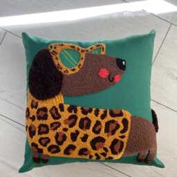 Embroidered Dog Throw Pillow Leopard Print Sunglasses, Green Cushion - thumbnail 4