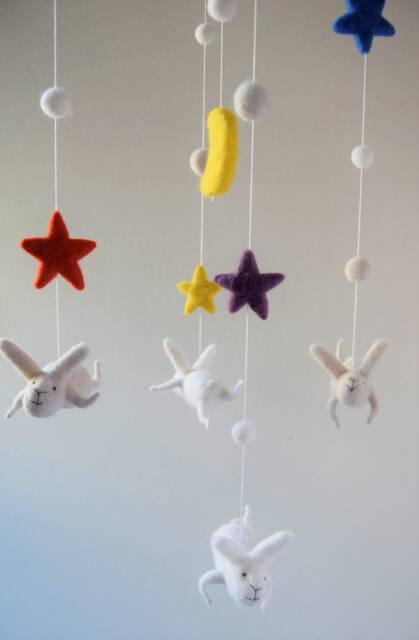 Needle Felted Bunny Mobile, Nursery Baby Crib Mobile, Snow White Mobile - image 1