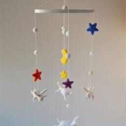 Needle Felted Bunny Mobile, Nursery Baby Crib Mobile, Snow White Mobile - thumbnail 3
