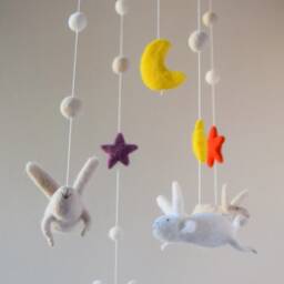 Needle Felted Bunny Mobile, Nursery Baby Crib Mobile, Snow White Mobile - thumbnail 2