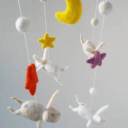 Needle Felted Bunny Mobile, Nursery Baby Crib Mobile, Snow White Mobile - thumbnail 4