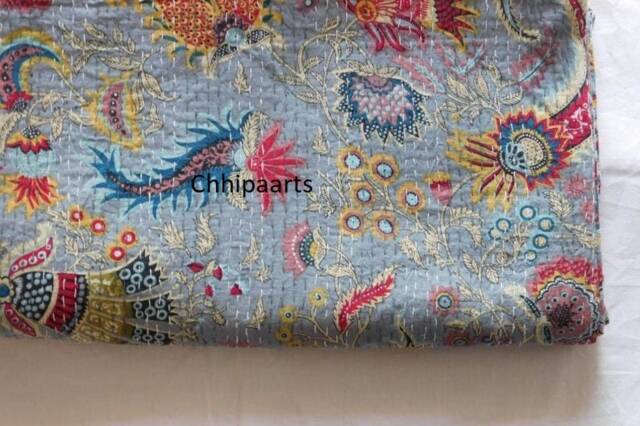 Handmade Indian Kantha Quilt Floral Queen Bedspread - 108x108 Inches - image 1