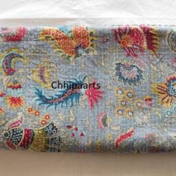 Handmade Indian Kantha Quilt Floral Queen Bedspread - 108x108 Inches - thumbnail 3